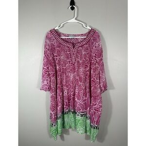 Catherines Top Womens 5X Pink Green Multi Floral Tropical Print Beaded Crinkle